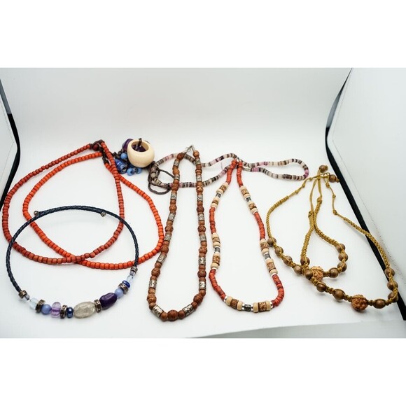 Necklace Lot 9 wood bead glass boho style - Picture 7 of 8